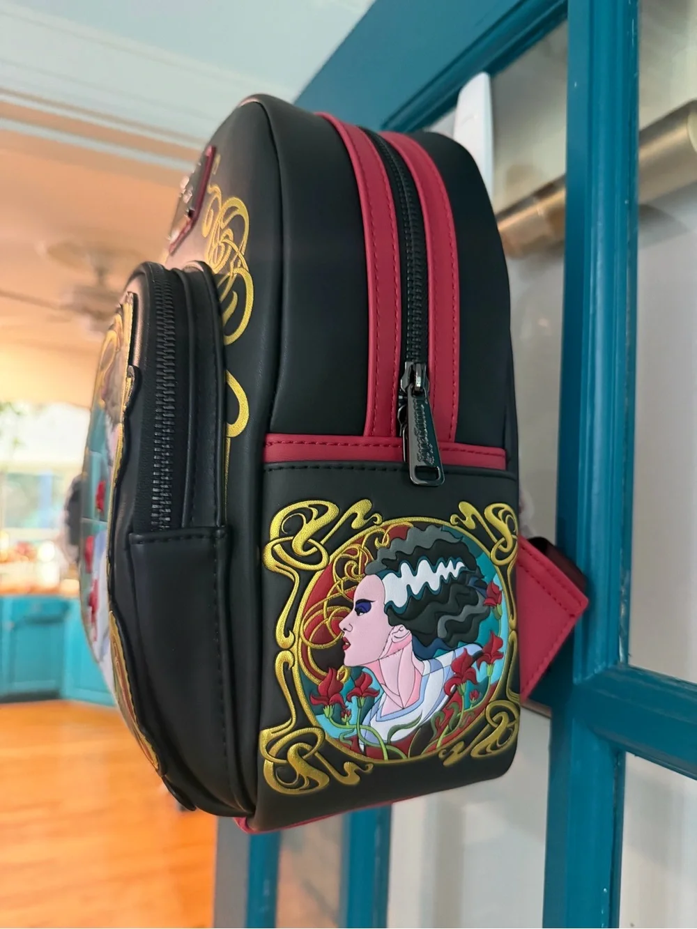 Loungefly x Monsters Bride of Frankenstein Floral Mini Backpack - Black w/Red